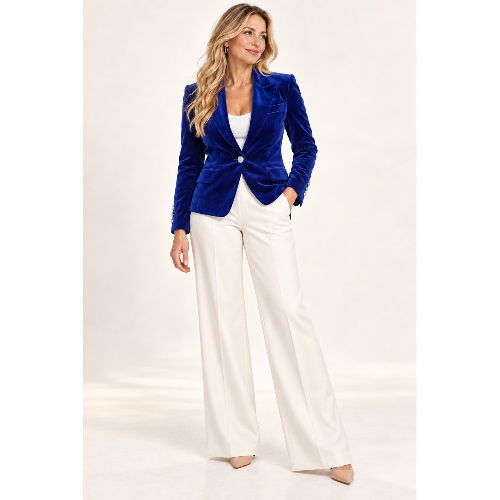 White House Black Market Velvet Blazer Size 14 Blue Gold Button Jacket NEW